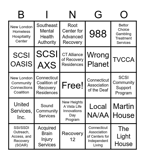 New London Community Resources Bingo Card
