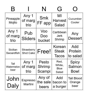 Summer Menu Bingo Card