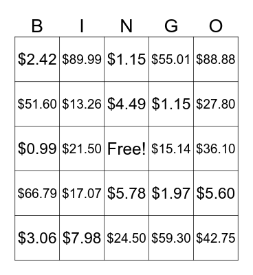 Money Bingo Card