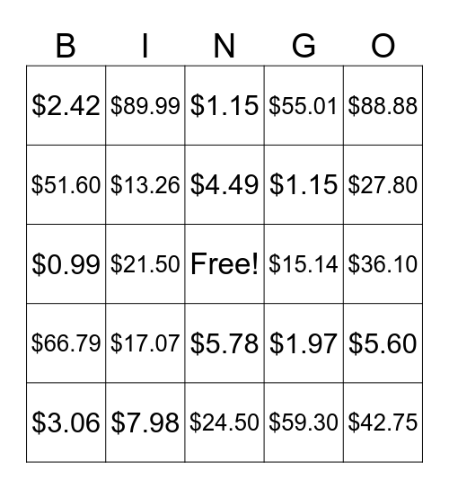 Money Bingo Card