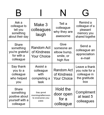 Workplace Random Acts of Kindness Bingo Card