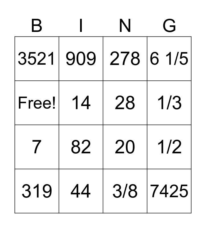 Mixed Math Practice Bingo Card