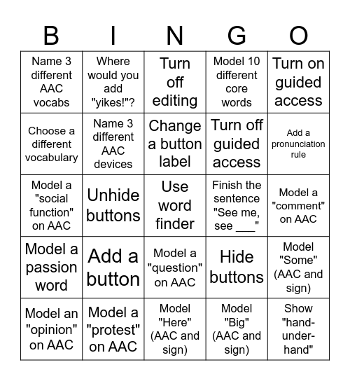 AAC Awareness Bingo Card