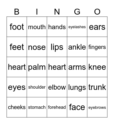 Human Body Bingo Card