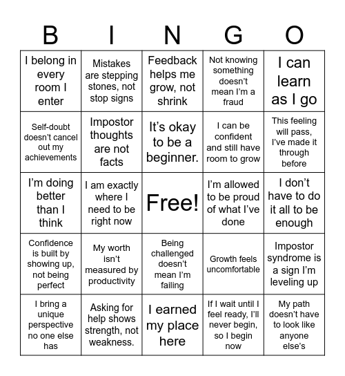 Positive Reframing Bingo Card
