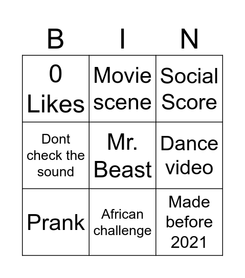 Youtube Bingo Card