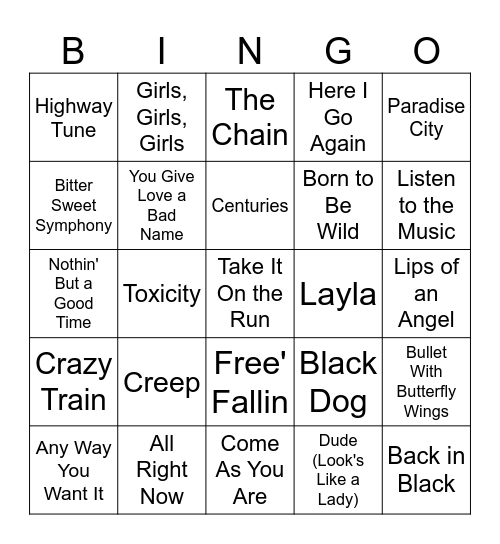 Rock n Roll Singo #3 Bingo Card