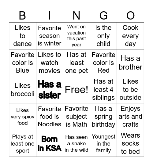 All about me Bingo Card