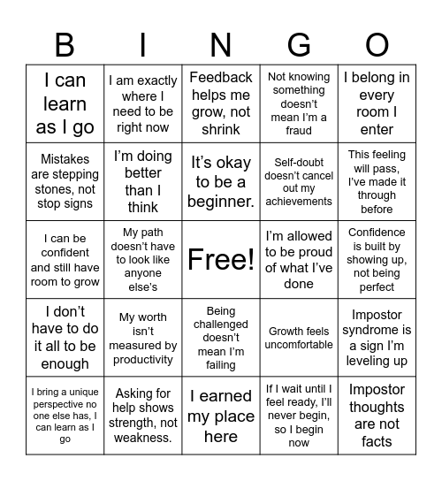 Positive Reframing Bingo Card