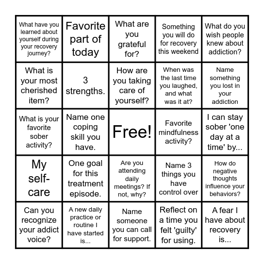 Substance Use Recovery Bingo Card