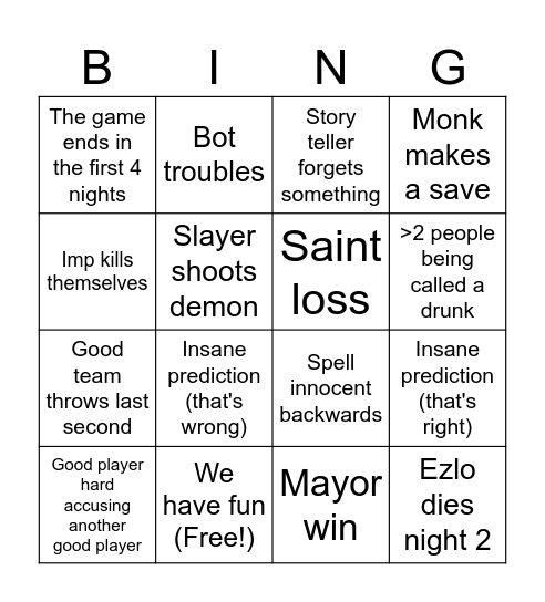 Toads Bingo Card