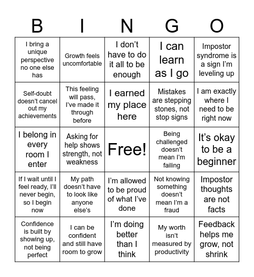 Positive Reframing Bingo Card