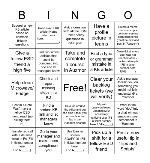 Service Desk Bingo Card