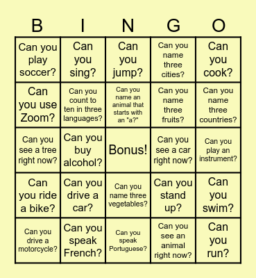 Can/can't Bingo Card