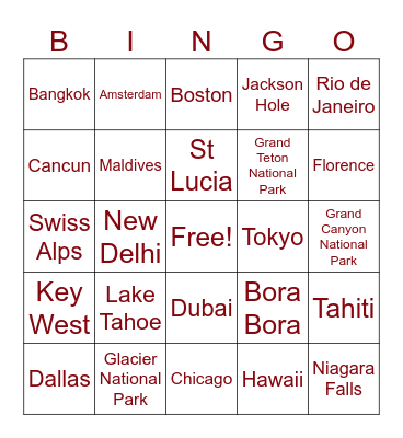 Vacation Bingo Card