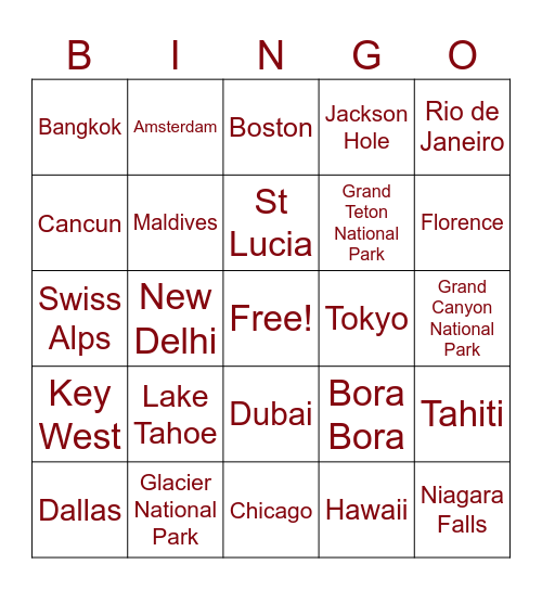 Vacation Bingo Card