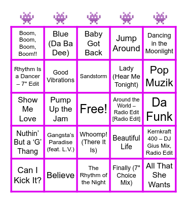 90s Club Bangers Bingo Card