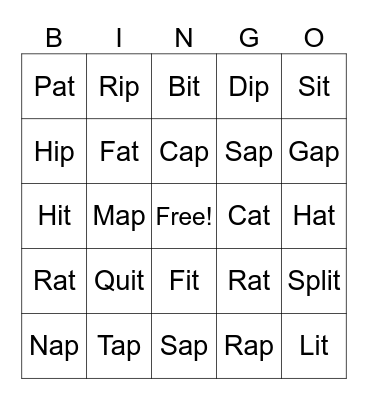 Word Family Bingo Card