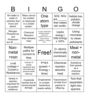 Science Review Bingo Card