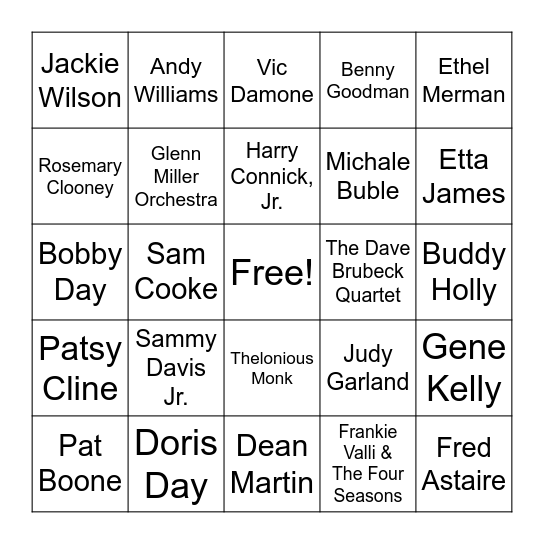 Swanky Standards Bingo Card