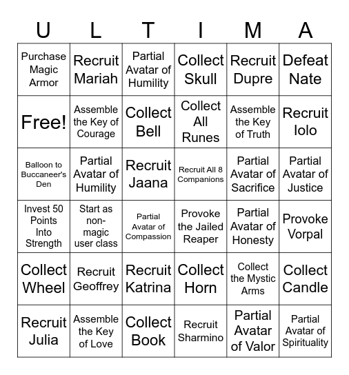 Ultima IV Bingo Card