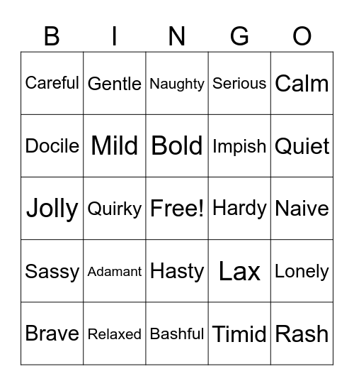 Pokemon Natures Bingo Card