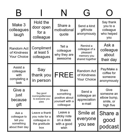 Random Acts of Kindness at Andrews Myers Bingo Card