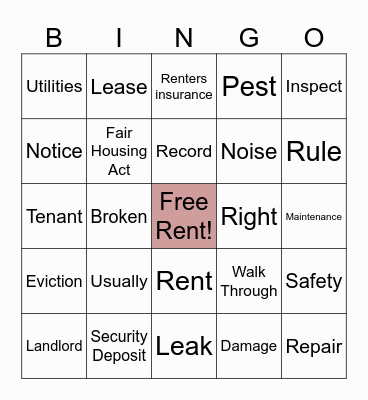 Renter vocabulary Bingo Card