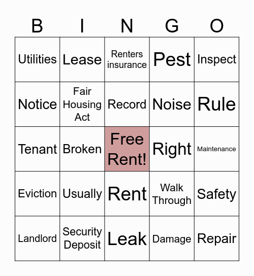 Renter vocabulary Bingo Card