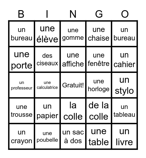 Dans la salle de classe Bingo Card