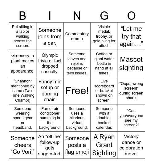 Vori Olympics Bingo Card