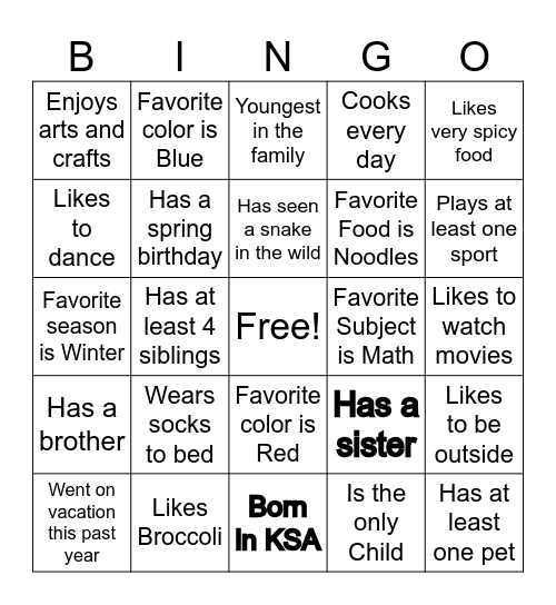 All About Me Bingo Card