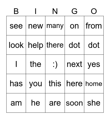 High Frequency Words Bingo Card