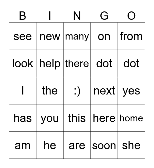 High Frequency Words Bingo Card