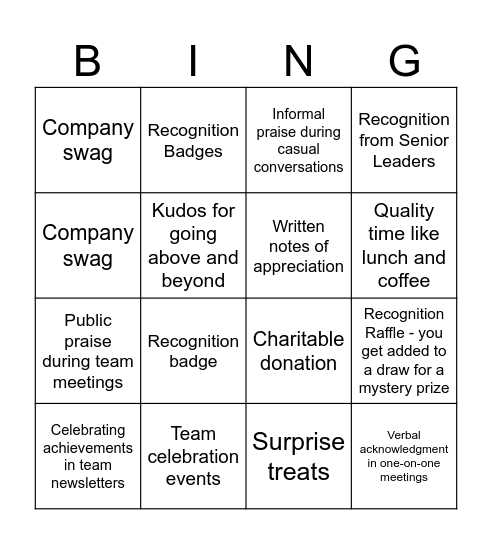 Recognition Bingo Card