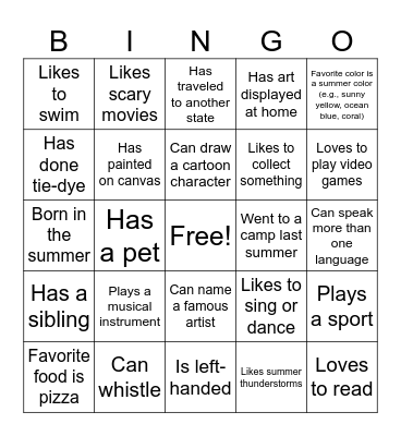 Teen Art Camp Bingo Card