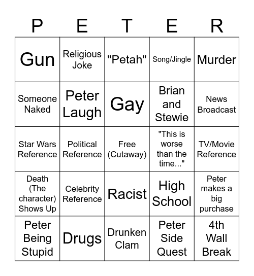 Family Guy Bingo Card