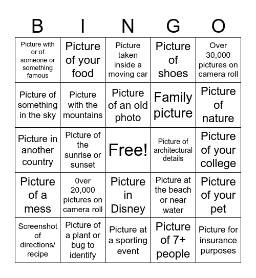 Camera Roll BINGO Card