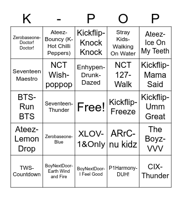 Kpop Bingo Card