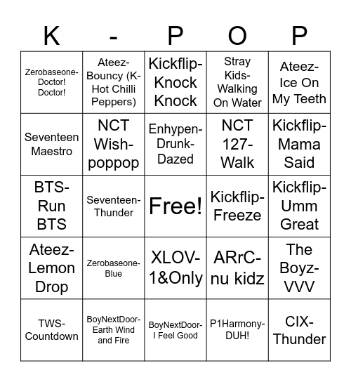 Kpop Bingo Card