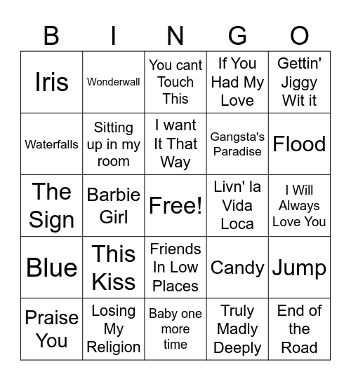 90's Music Bingo Card