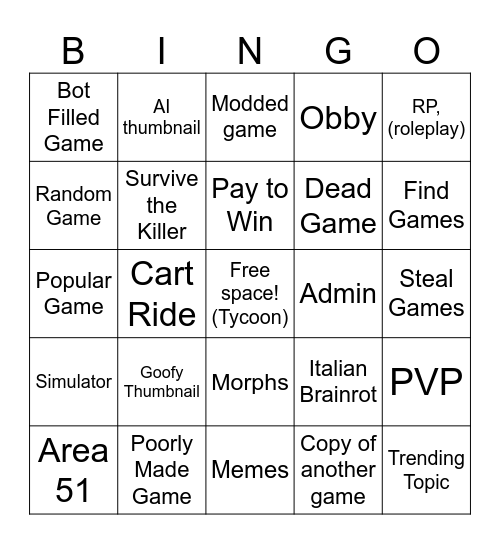 Roblox Games Bingo Card Bingo Card