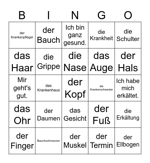 Gesundheit und Fitness Bingo Card