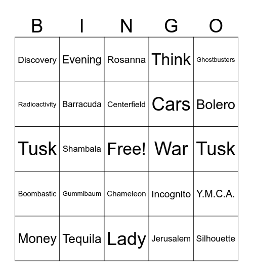 Songs With One Word Title Bingo Card