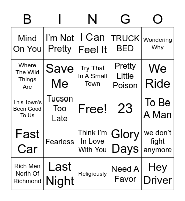2023 Top Country Billboard Hits Bingo Card