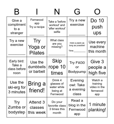 Gym Bingo Card