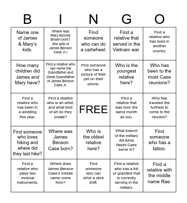 James Benson Case Reunion Bingo Card