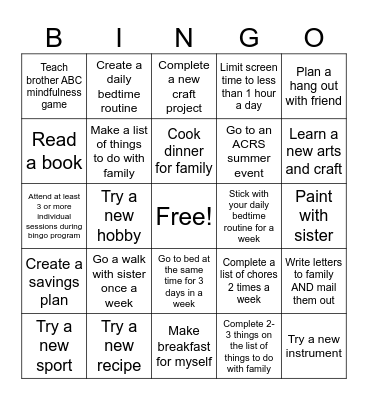 Evie's Summer Bingo Board Bingo Card