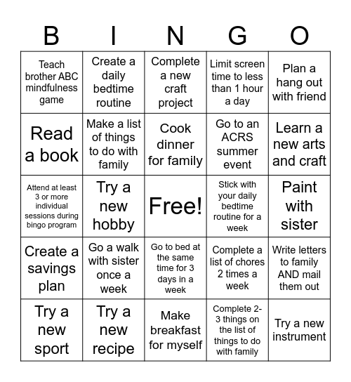 Evie's Summer Bingo Board Bingo Card