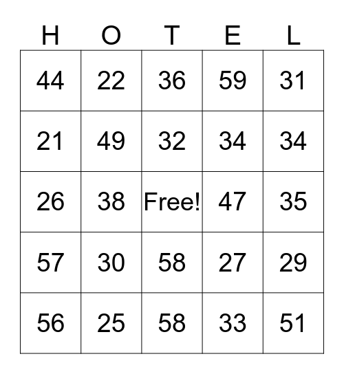 Hotel Front Office BINGO Card